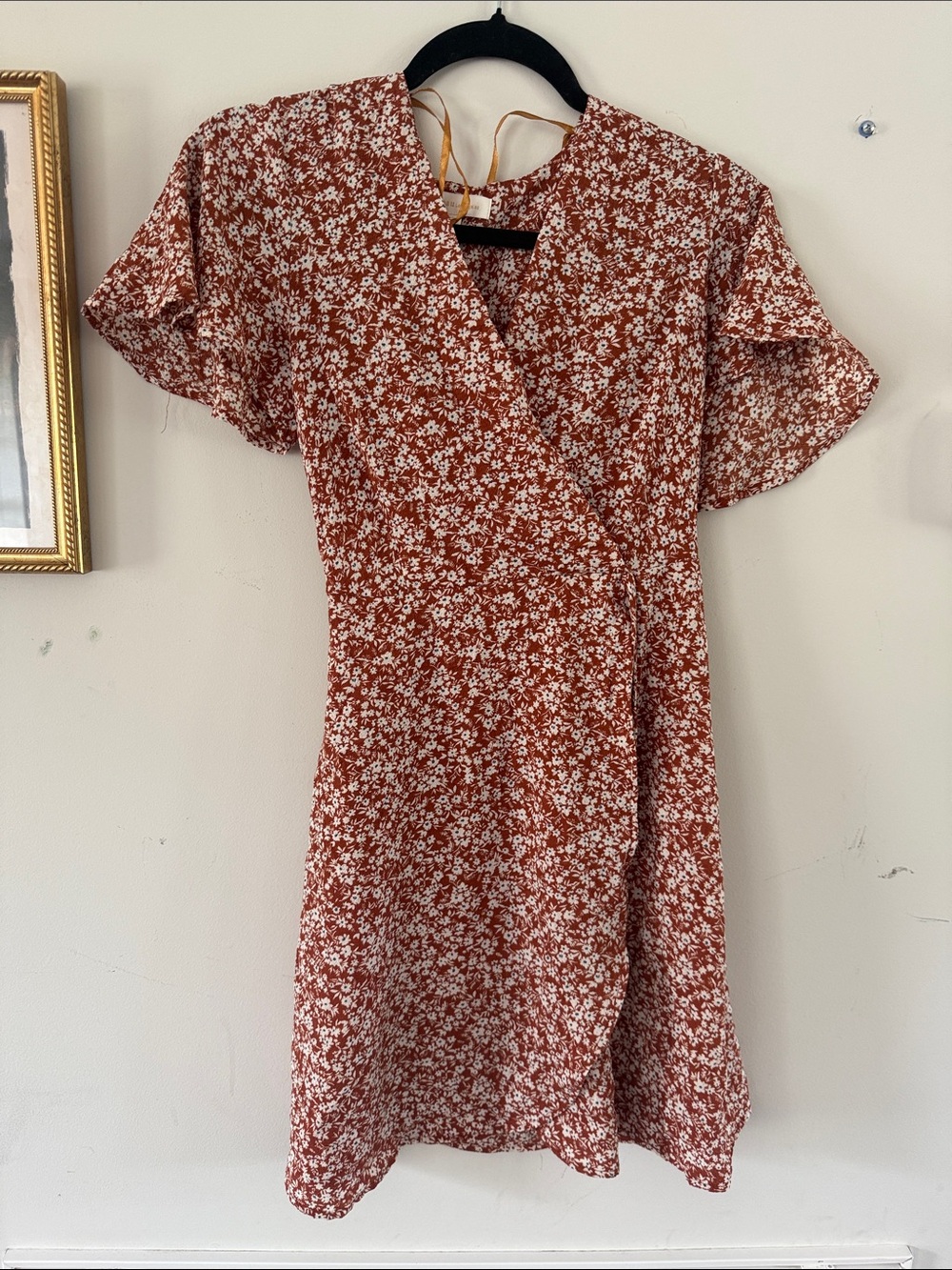 Floral Short Sleeve Wrap Mini Dress in Rust